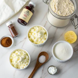 Cottage cheese frosting ingredients including cottage cheese, powdered sugar, vanilla extract, cocoa powder