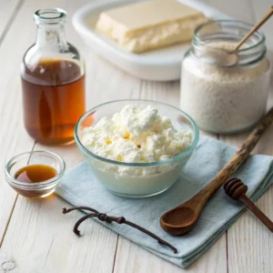 Close-up of cottage cheese, maple syrup, vanilla extract, and salt for homemade ice cream
