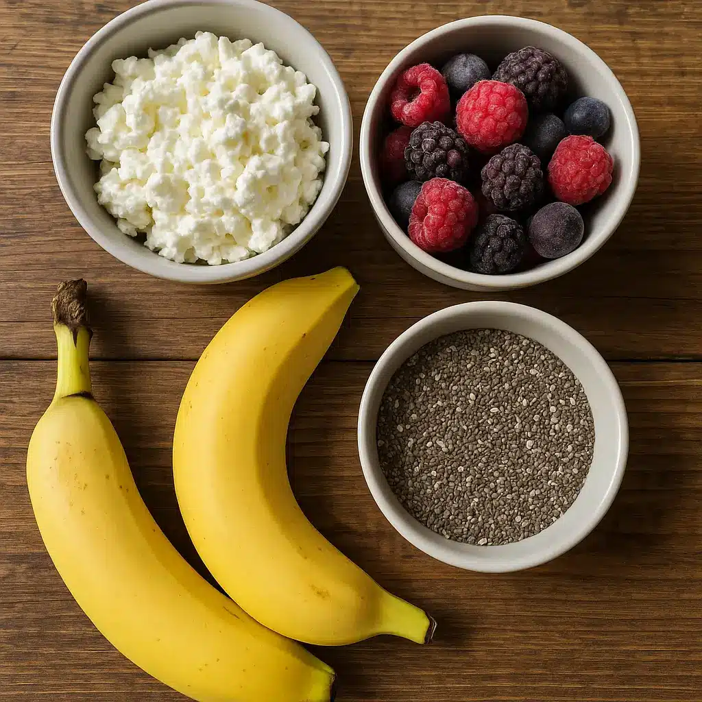Ingredients for making a cottage cheese breakfast smoothie