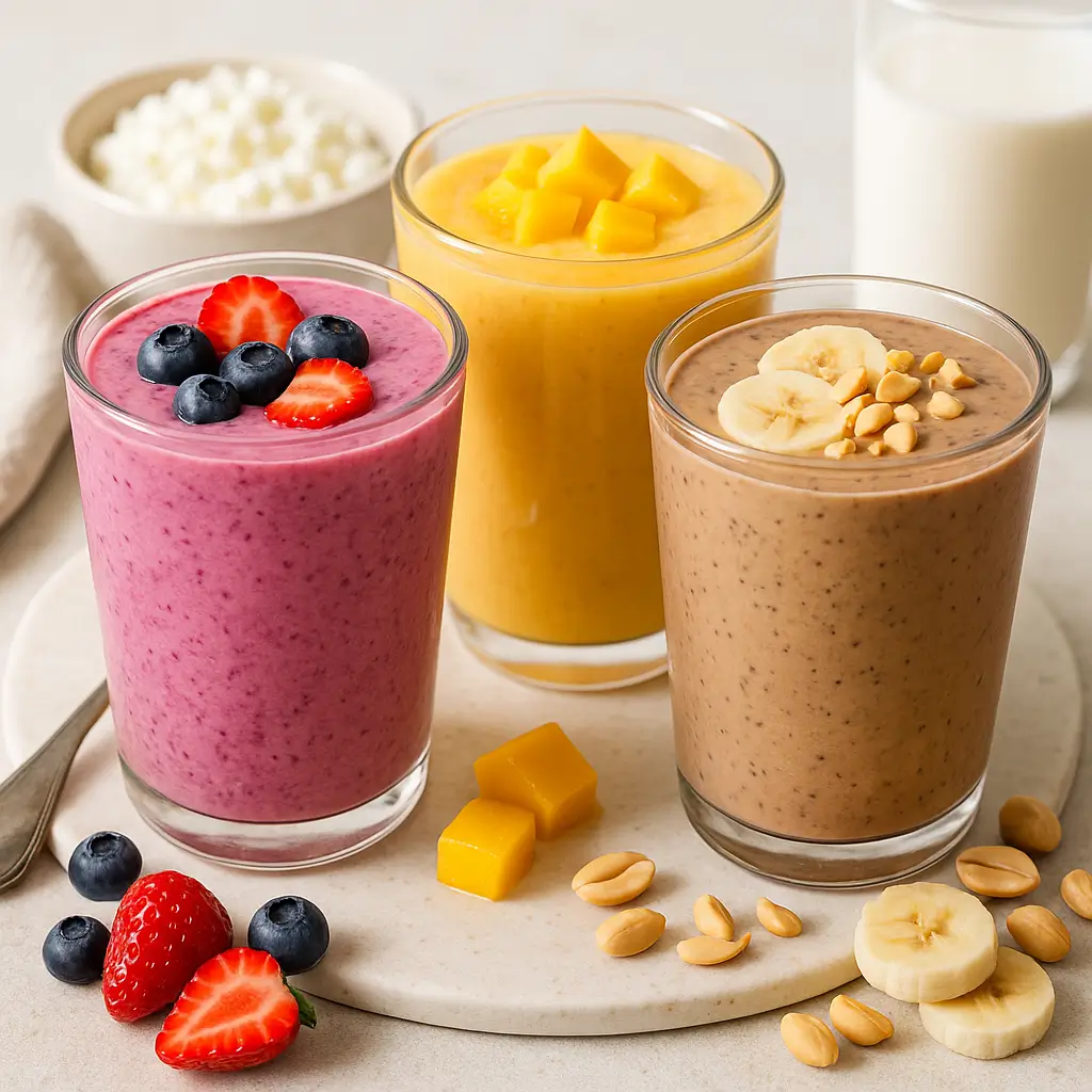 Different variations of cottage cheese breakfast smoothies