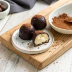 Cottage cheese truffles coated in dark chocolate on a white plate