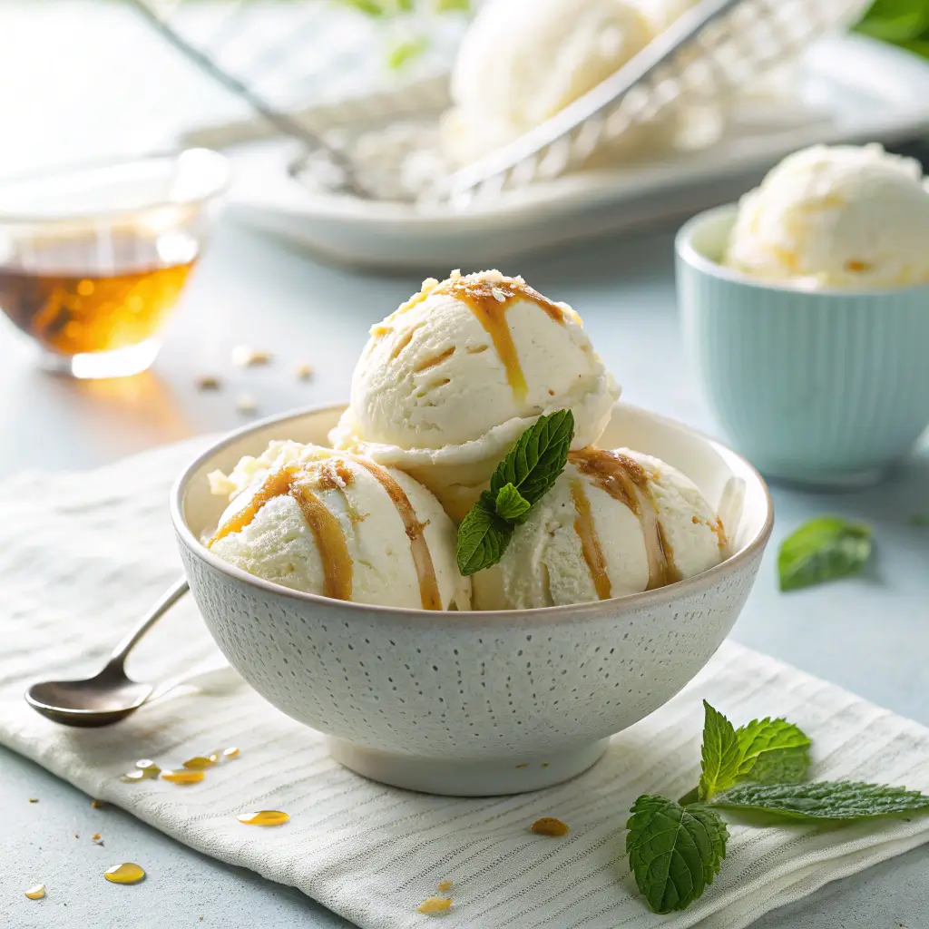 A perfect scoop of creamy vanilla cottage cheese ice cream in a bowl, showing its smooth texture.