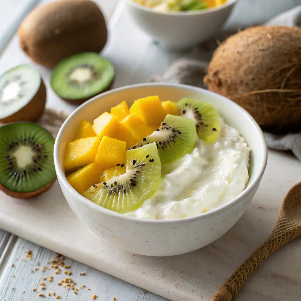 Coconut-based cottage cheese alternative with mango and kiwi in a white bowl.