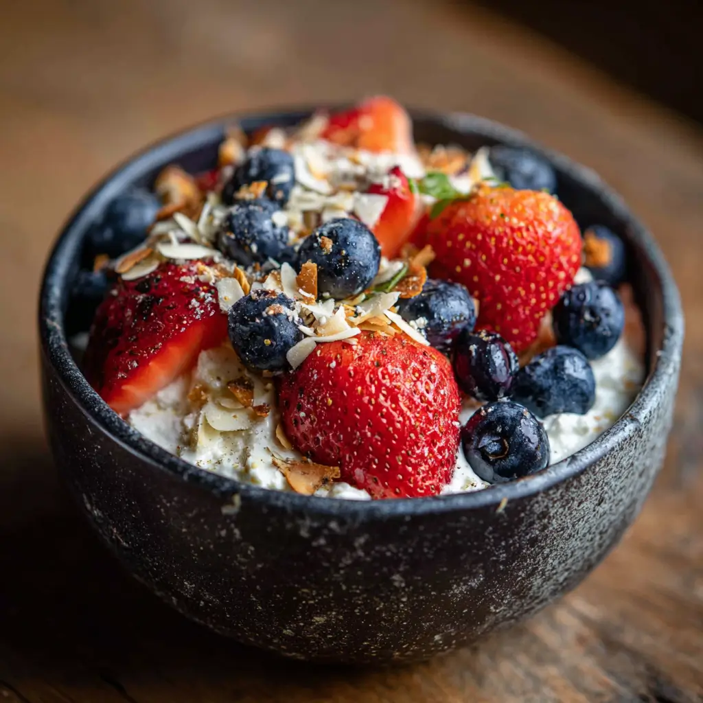 dairy-free cottage cheese breakfast with fruit and granola