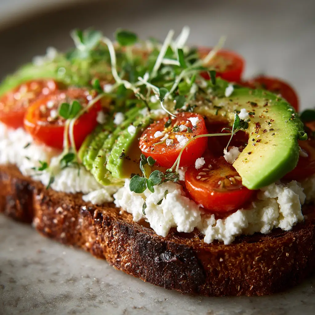 dairy-free cottage cheese breakfast toast with avocado and tomatoes