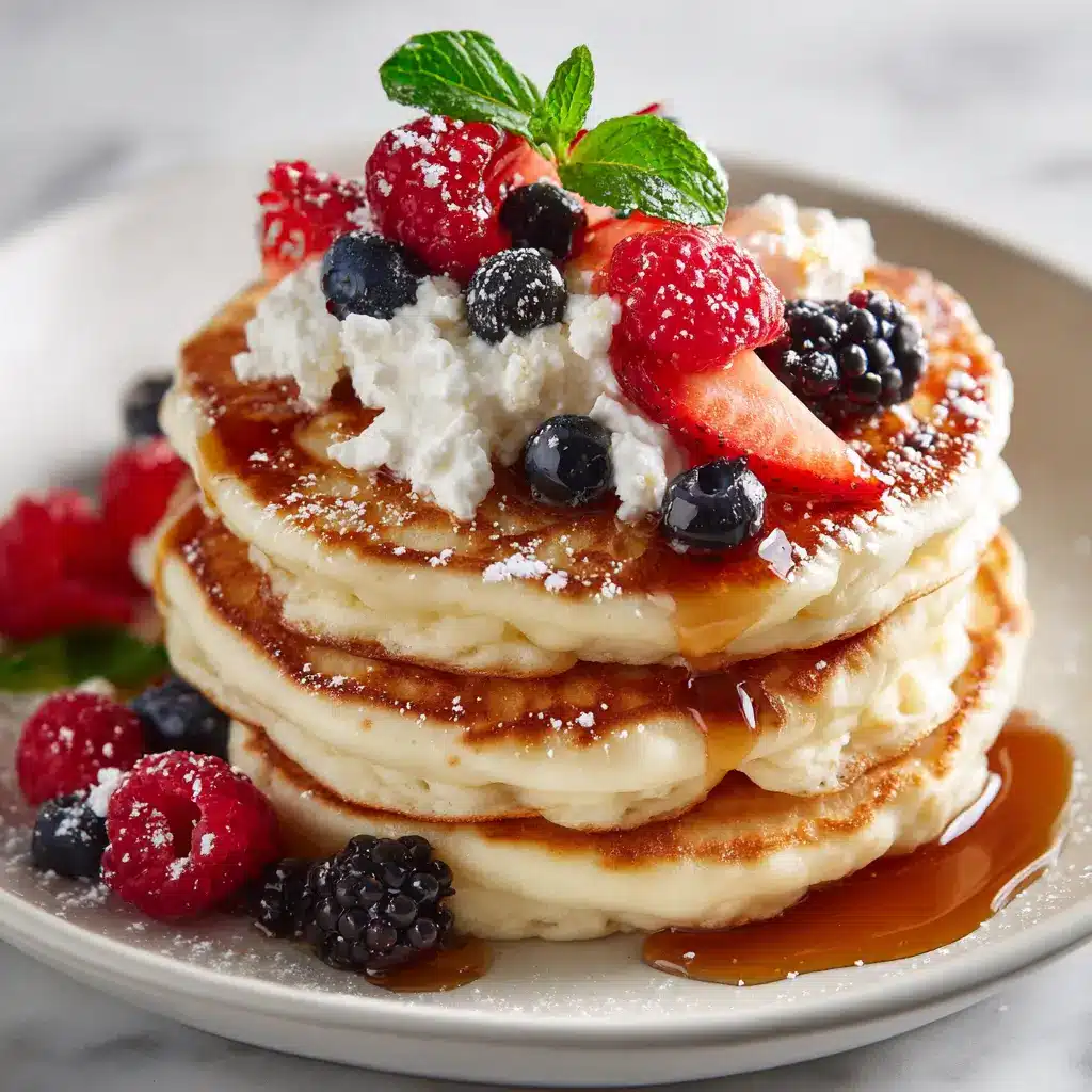 dairy-free cottage cheese pancakes with berries and syrup