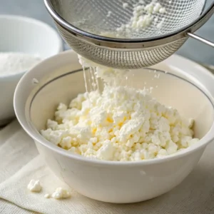 Draining small-curd cottage cheese for frosting recipe using fine-mesh strainer