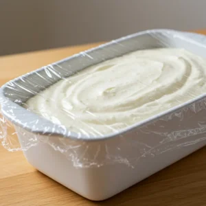 Cottage cheese ice cream mixture freezing in a covered loaf pan

