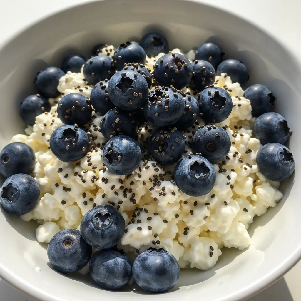 Healthy cottage cheese breakfast with blueberries and chia seeds