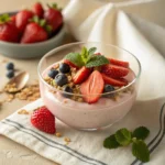 Creamy cottage cheese dessert in a clear glass bowl, topped with fresh strawberries, blueberries, and granola, served on a linen cloth with soft natural lighting.