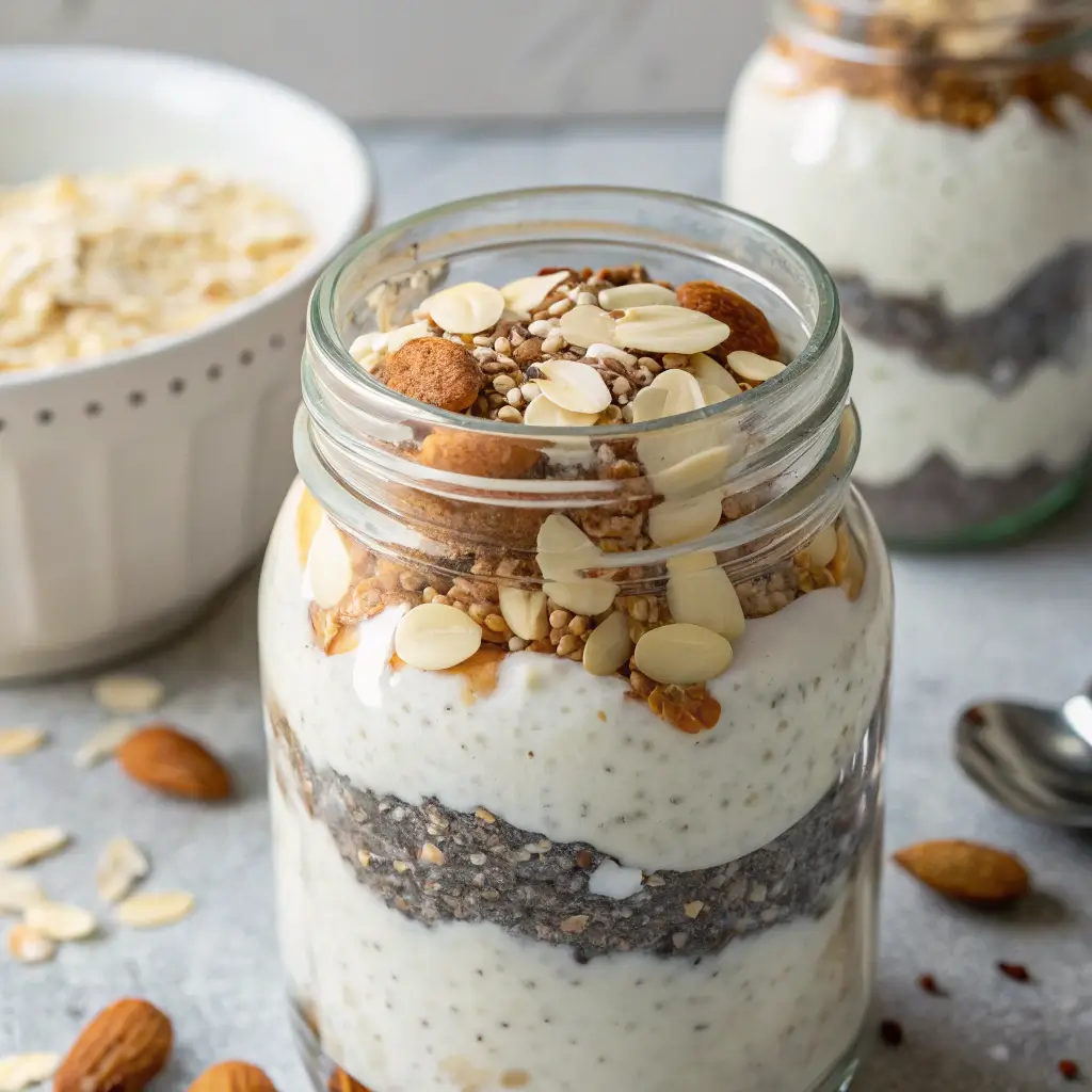Glass jar layered with cottage cheese, chia seeds, Greek yogurt, and almonds.