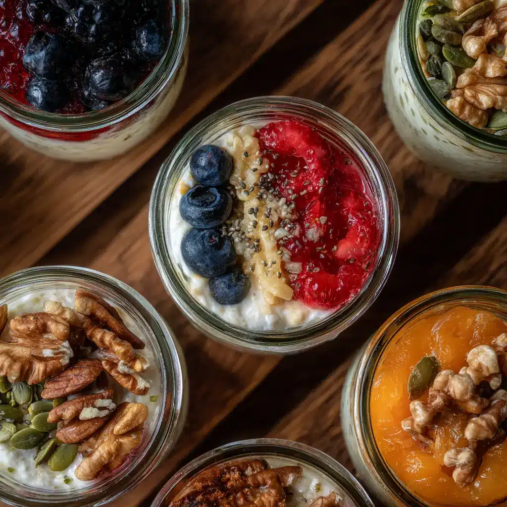 High-protein cottage cheese meal prep jars with fruit and seeds