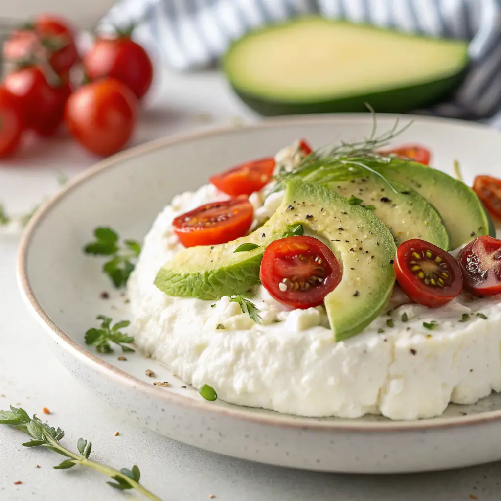 Plate of cottage cheese topped with avocado slices, cherry tomatoes, and herbs.