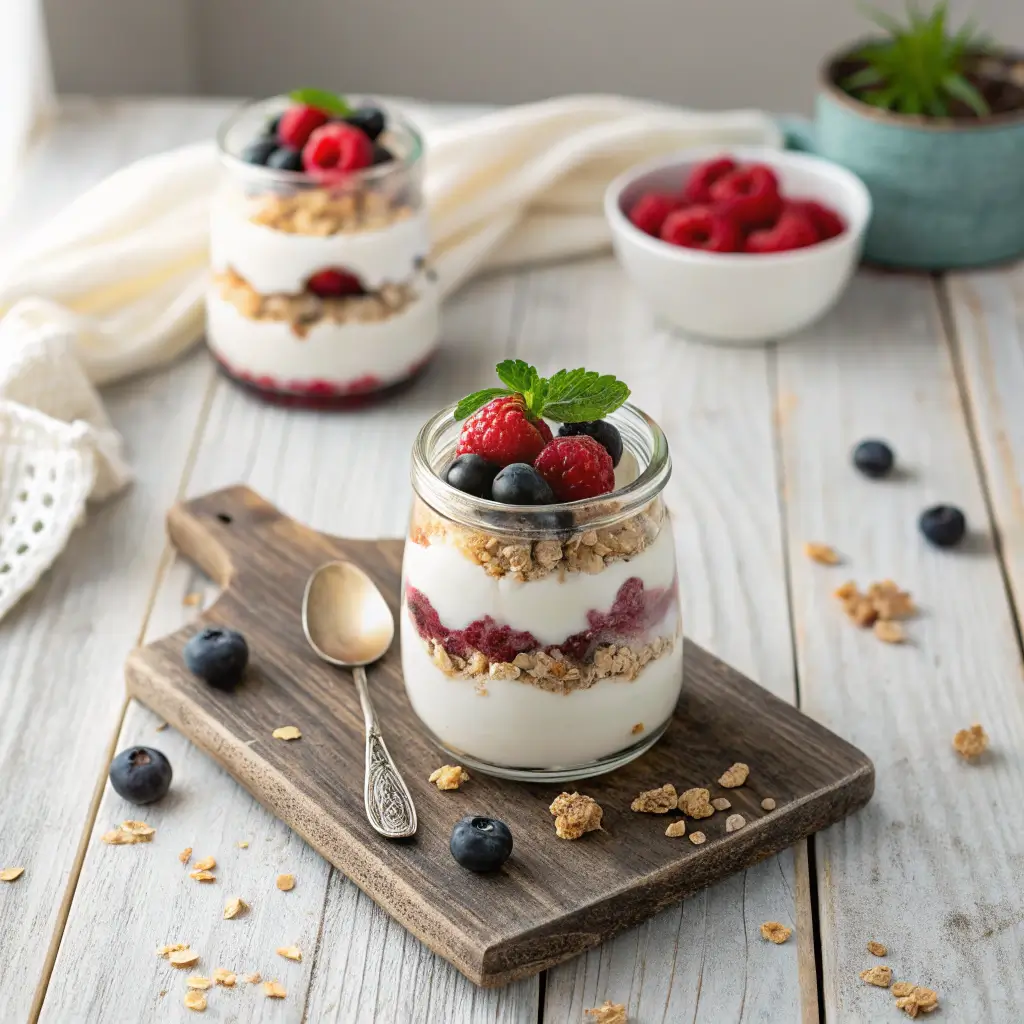 No-Bake Cottage Cheese Dessert layered with berries