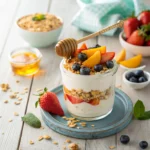 Creamy no-bake cottage cheese dessert layered with granola and fresh fruit in a glass jar.