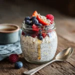 Overnight oats in a jar topped with dairy-free cottage cheese and fresh berries.
