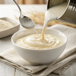 Stainless steel ladle pouring creamy cottage cheese mousse into a white porcelain bowl on a linen cloth.