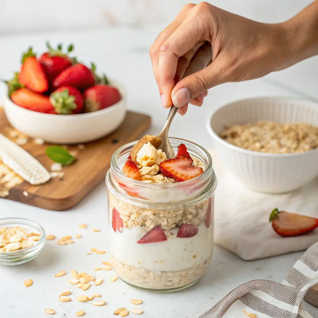 Preparing cottage cheese breakfast oats in a jar
