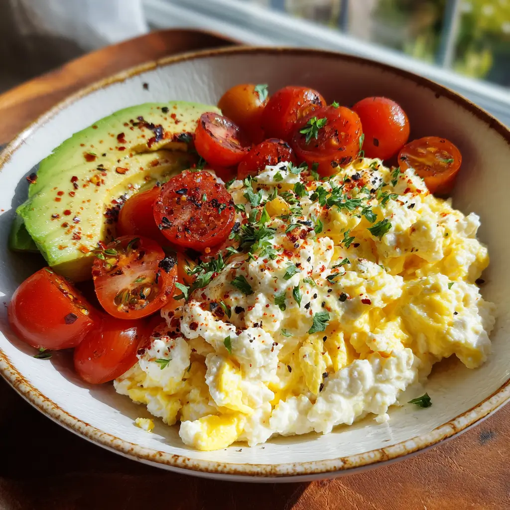 Savory cottage cheese breakfast bowl with eggs and avocado
