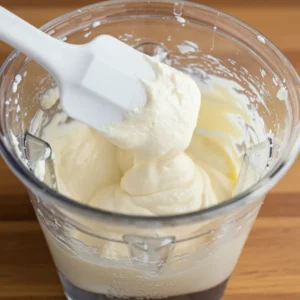 Scraping down blender sides to ensure smooth cottage cheese ice cream mixture