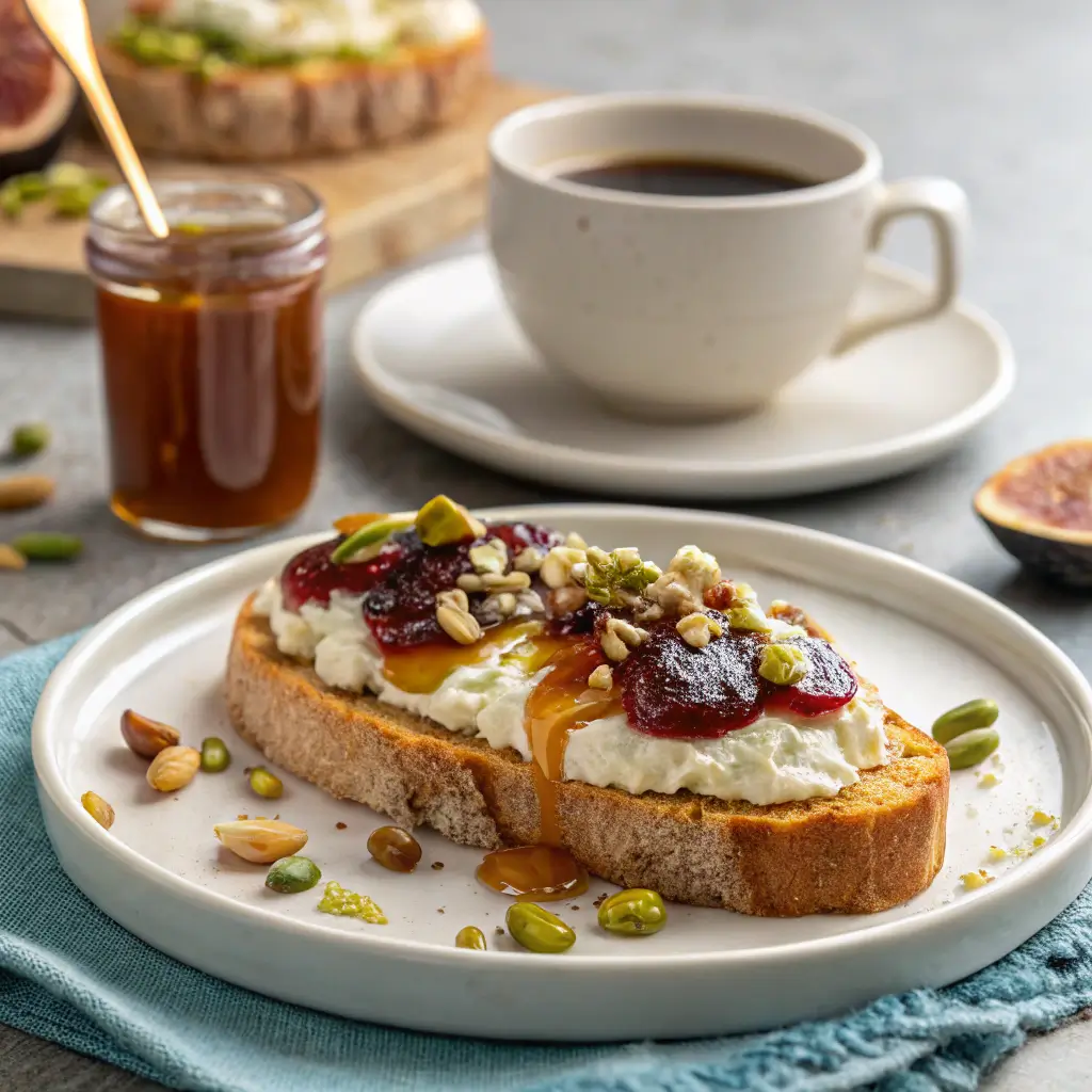 Sweet cottage cheese toast with fig jam and pistachios