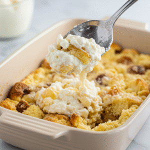 Bread pudding mixture added to the baking dish