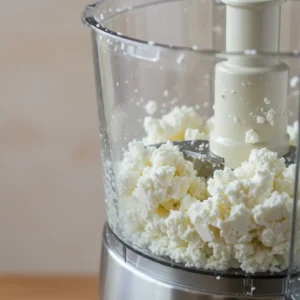Blending cottage cheese in food processor until creamy — step 1 of fruit salad recipe