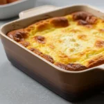 Cottage cheese bread pudding with golden crust in ceramic dish