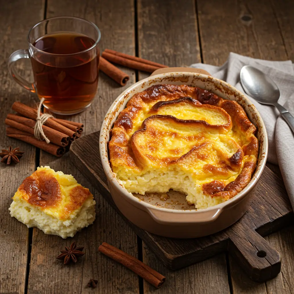 Cottage cheese bread pudding served hot