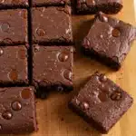 Fudgy Cottage Cheese Brownies fresh from the oven on wooden board
