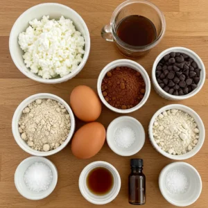 Raw ingredients for cottage cheese brownies in ceramic bowls