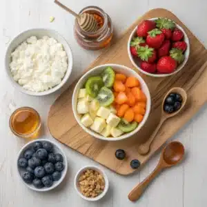 Raw ingredients for cottage cheese fruit salad — berries, citrus, cottage cheese, honey, vanilla