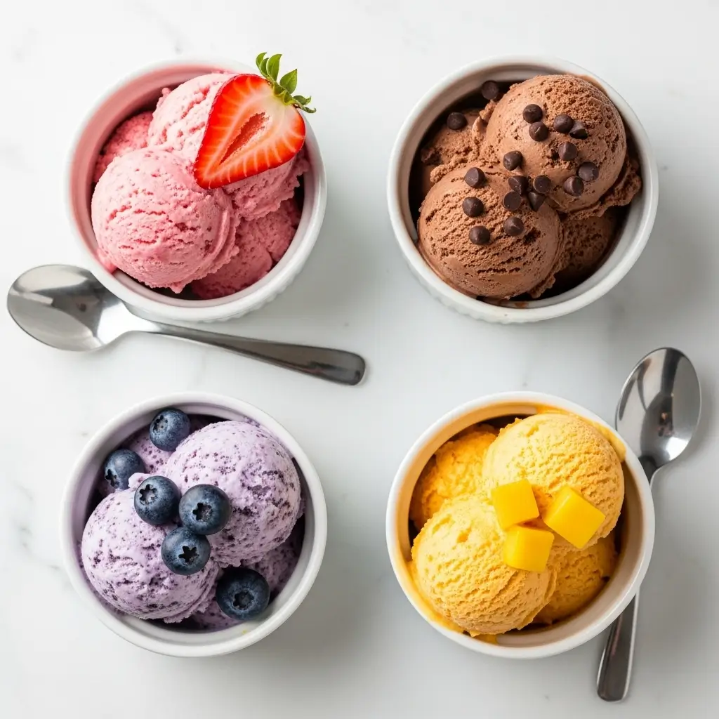 Four cottage cheese ice cream flavors including strawberry, chocolate, blueberry and mango in white bowls overhead view