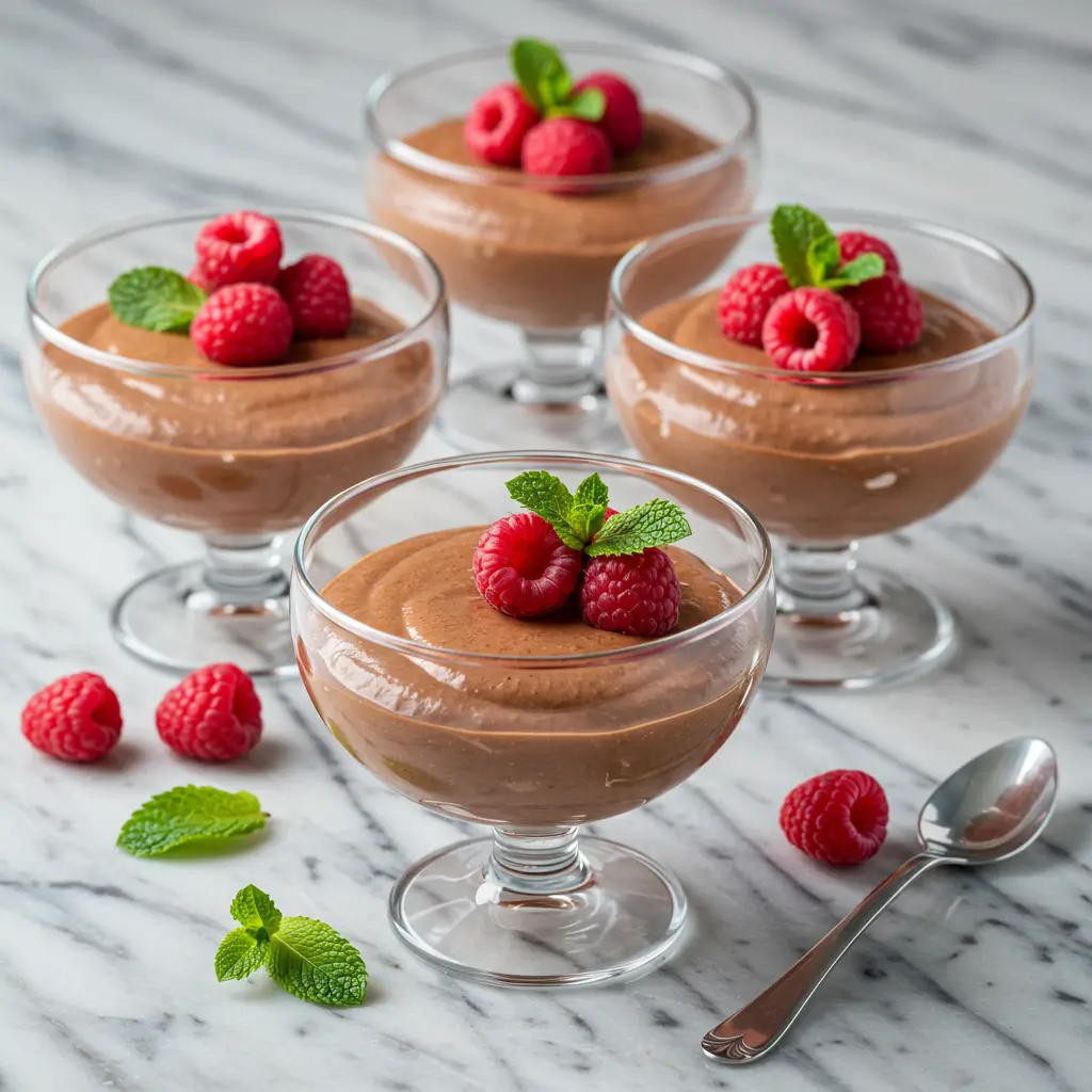 Cottage cheese mousse chocolate recipe in glass bowls with berry garnish