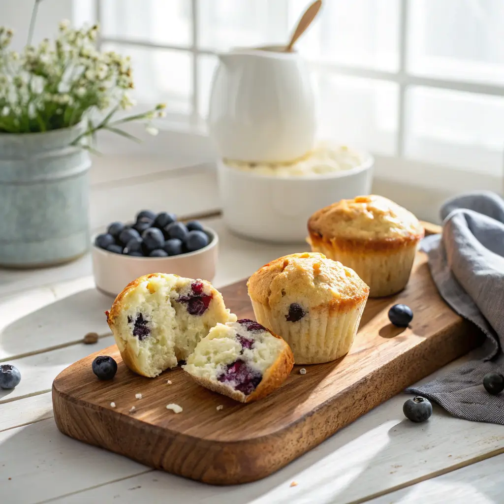 A platter of freshly baked cottage cheese muffins with blueberries, with one broken open.