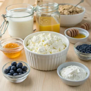 Fresh ingredients for cottage cheese muffins: cottage cheese, eggs, oats, maple syrup, and flour