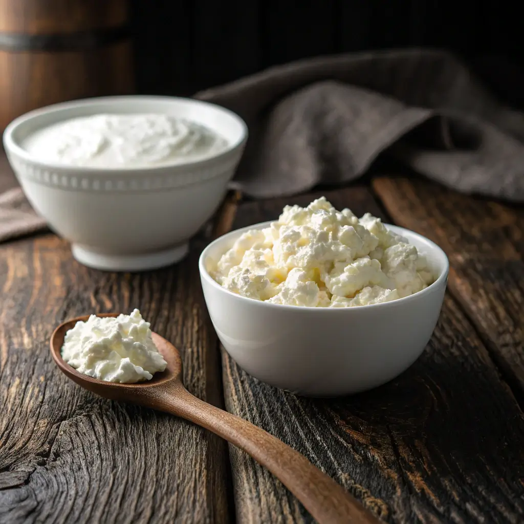 A dramatic comparison shot of cottage cheese vs ricotta in two white bowls on a dark wooden table, highlighting their different textures.