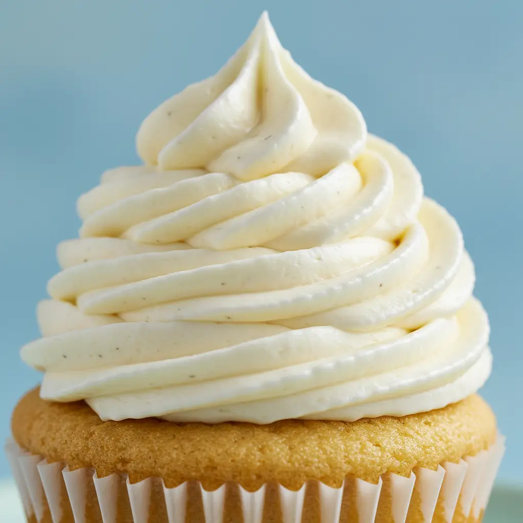 A perfect swirl of creamy cottage cheese frosting piped onto a vanilla cupcake.