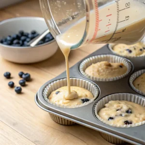 Filling muffin cups with cottage cheese batter to 3/4 full before baking