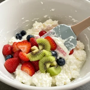 Gently folding fresh fruit into cottage cheese with spatula — step 3 of salad prep