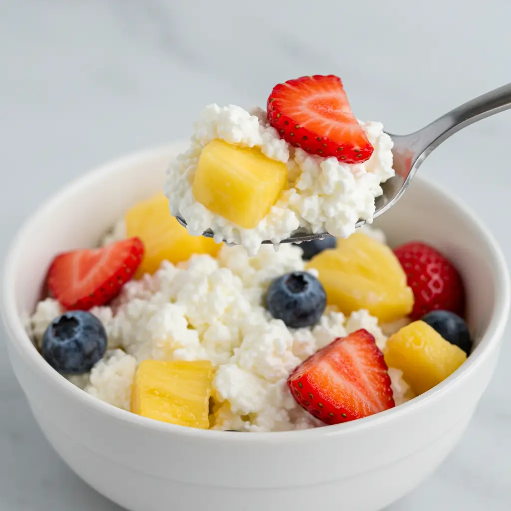 A spoonful of fresh cottage cheese fruit salad being lifted from a white bowl.