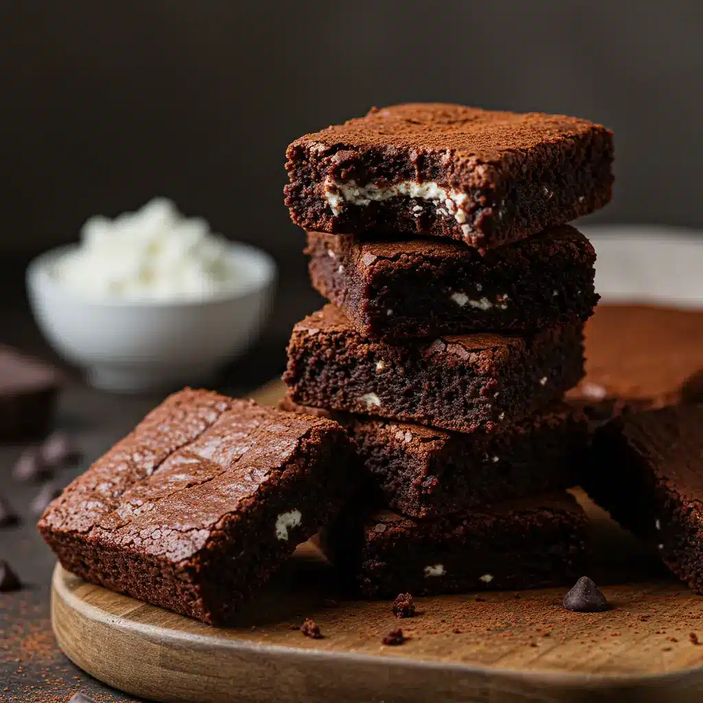 A delicious stack of fudgy cottage cheese brownies with a perfect crinkly top, showing their moist interior.