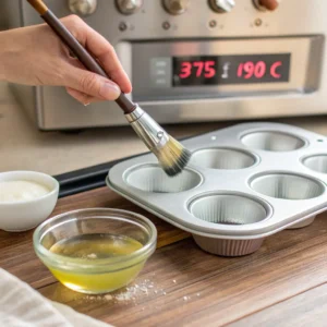 Greasing muffin tin for cottage cheese muffins with coconut oil before baking