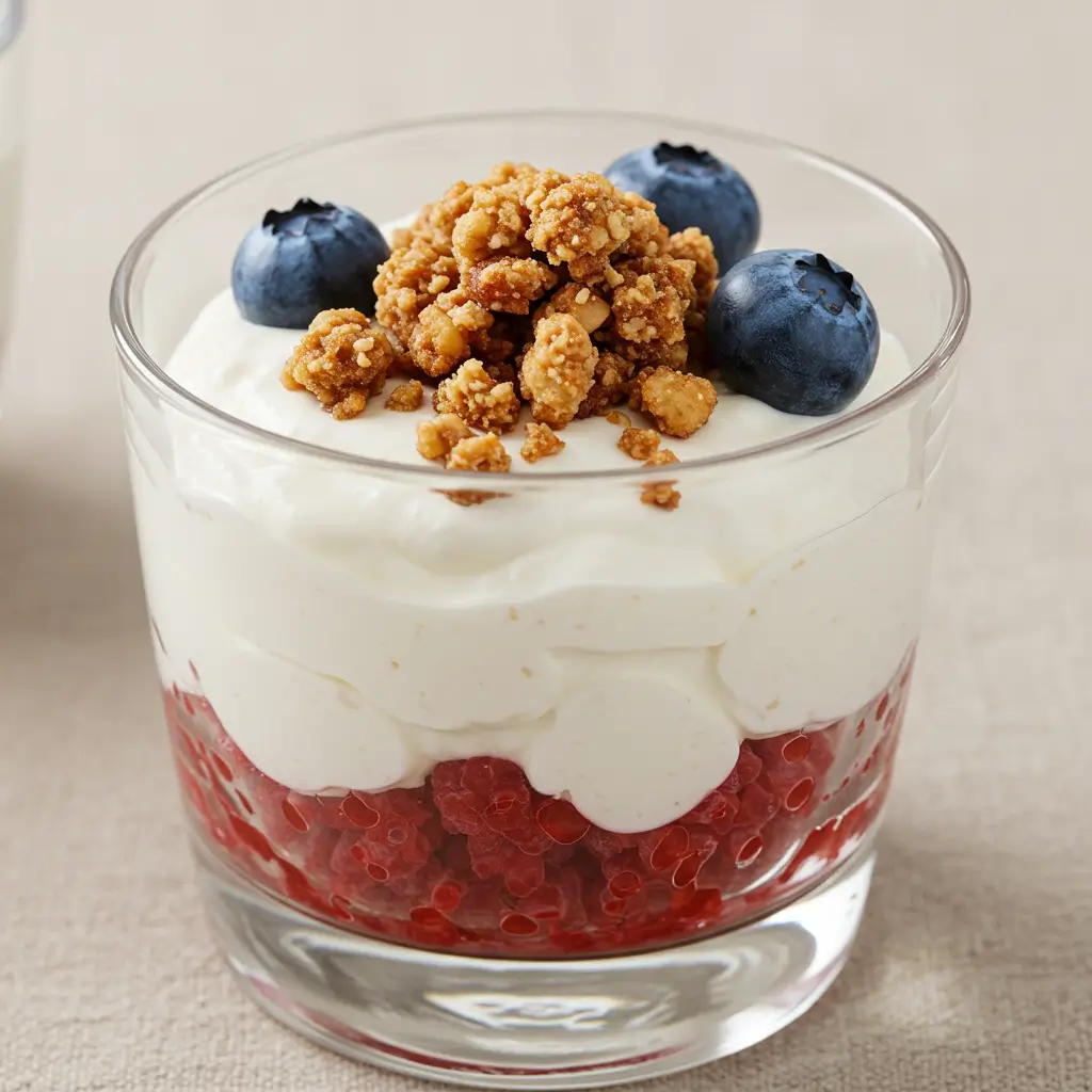 A healthy cottage cheese dessert parfait layered with fresh berries and granola in a clear glass.
