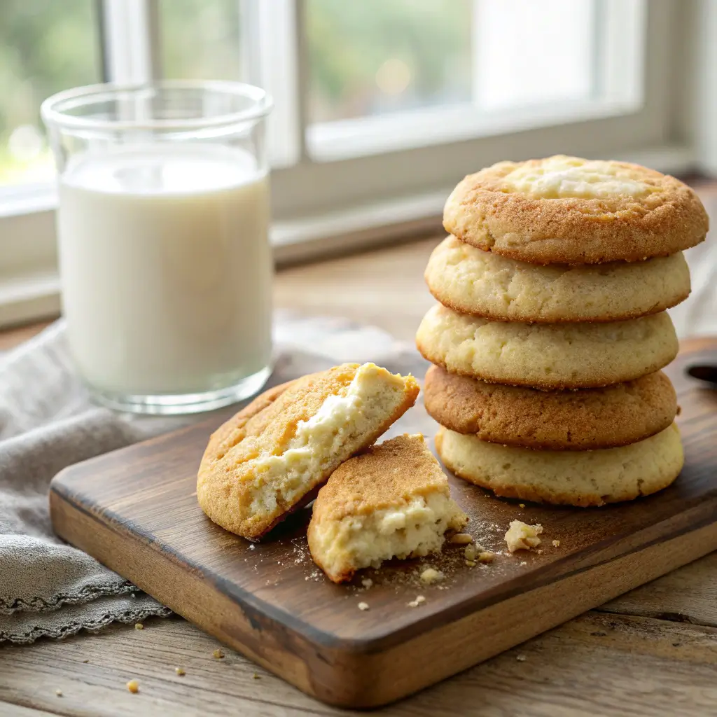 A delicious stack of homemade cottage cheese cookies with soft centers, ready to eat.