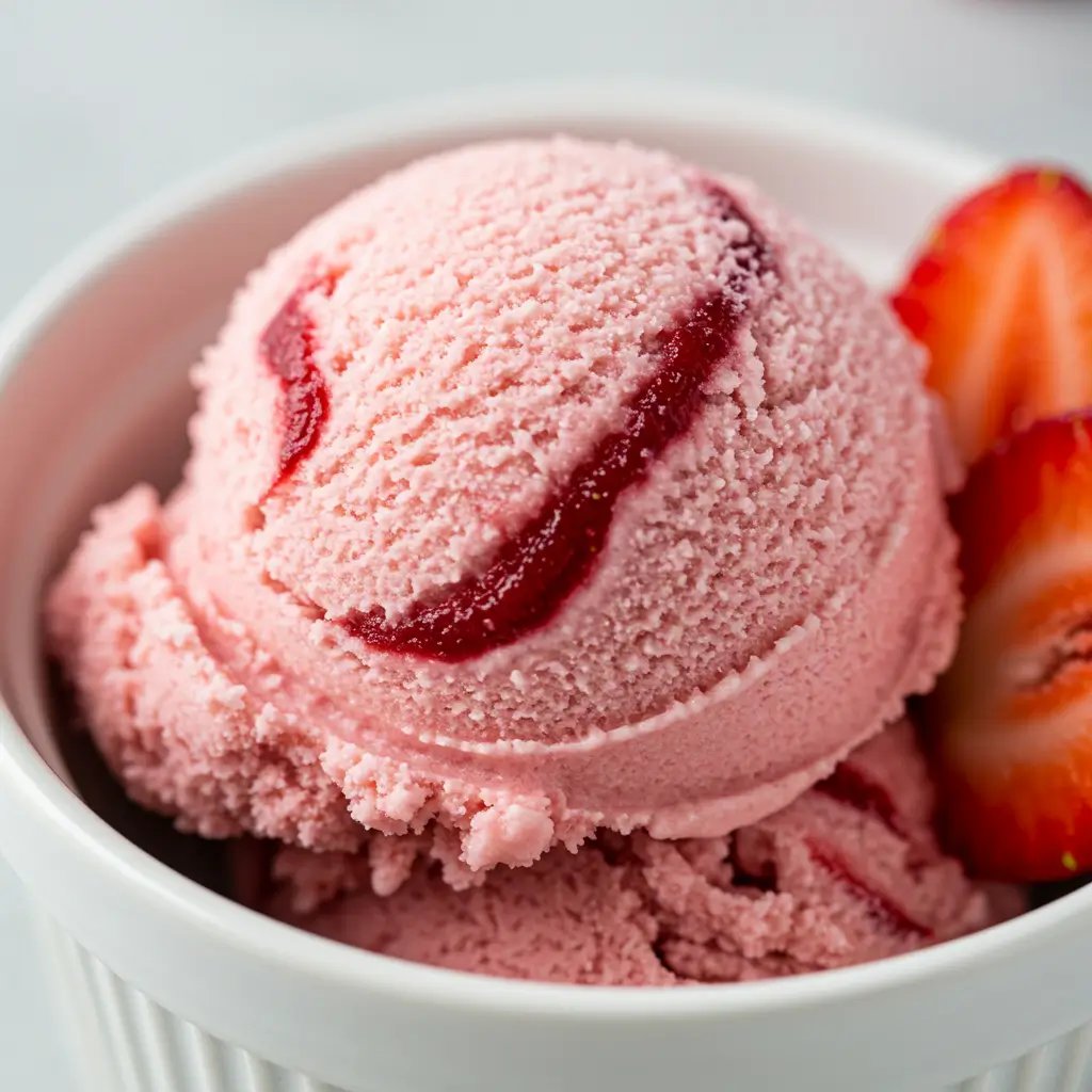 A close-up of a creamy scoop of homemade strawberry cottage cheese ice cream in a white bowl.