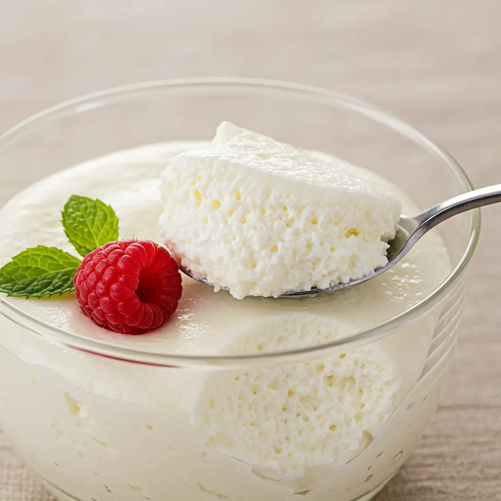 A light and airy cottage cheese mousse in a glass bowl, with a spoonful scooped out to show the texture.