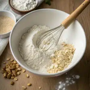 Whisking dry ingredients for cottage cheese muffins — flour, oats, and leavening agents