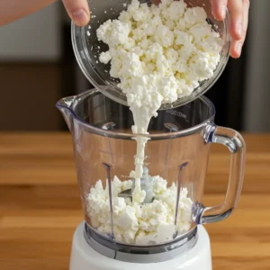 Pouring room-temperature cottage cheese into blender for mousse preparation