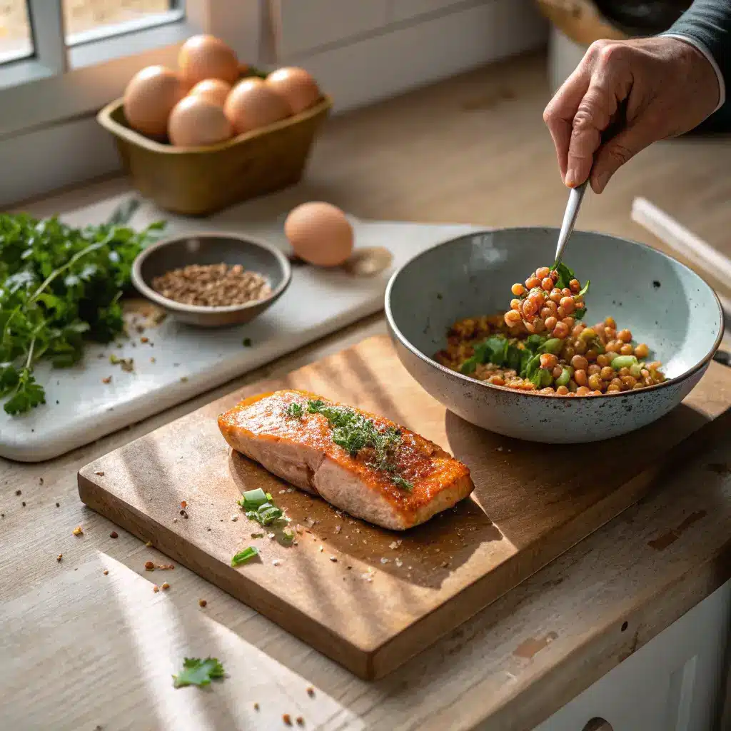 A realistic kitchen scene for a high protein foods comparison, with a hand seasoning salmon next to lentils and tofu during meal prep.